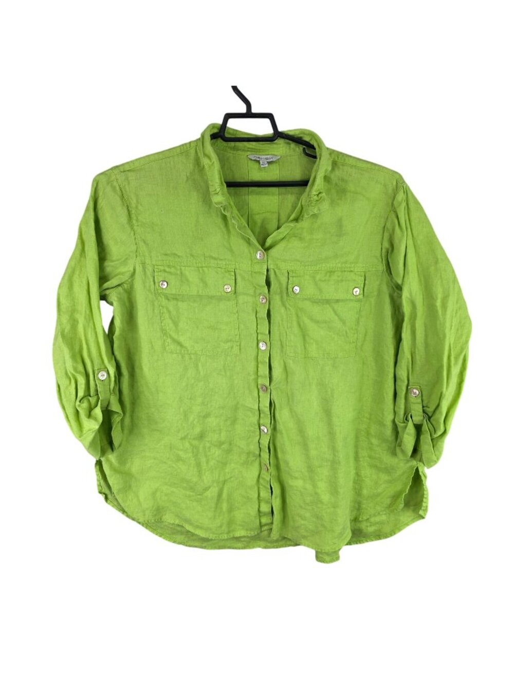 Womens John Mark Lime Green Linen Button Up Shirt Roll Tab Sleeves Size 1X